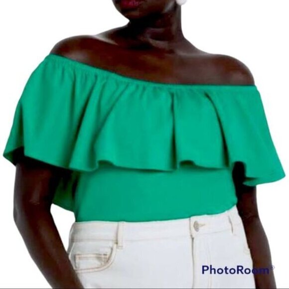 ✅ Eloquii Green Off Shoulder Ruffle Plus Size Crop Top SIZE 22 - Picture 1 of 6